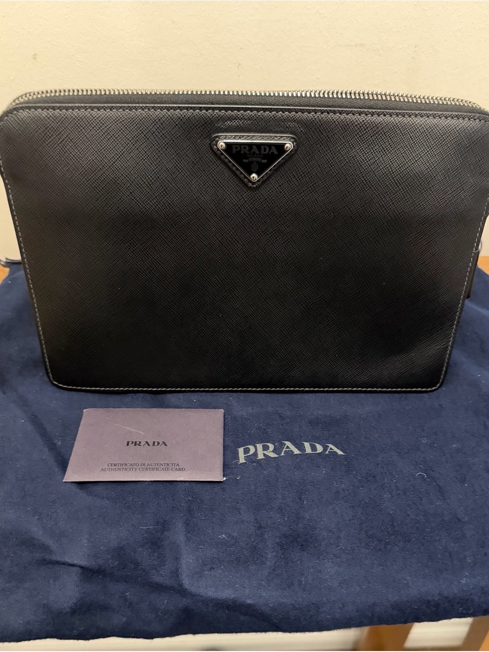 PRADA Black Saffiano leather Logo Zip Clutch w/ Silver Hardware Dust Bag & Card
